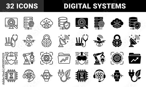 Hybrid technology and digital infrastructure symbols featuring merged concepts like data security shields cloud vision and robotic automation in outline and solid styles