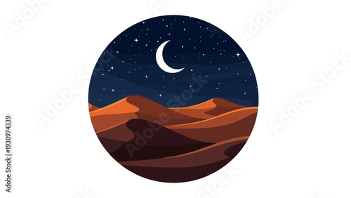Serene desert landscape illustration at night with a crescent moon shining brightly in the starry sky