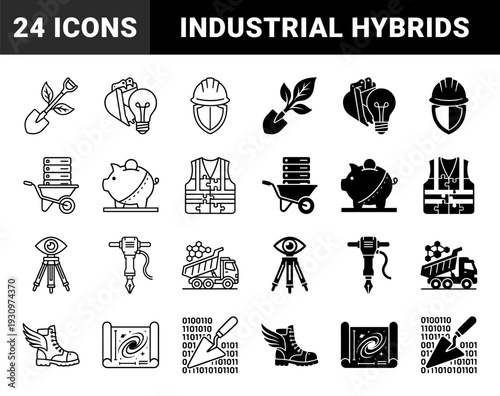Construction and engineering hybrid symbols merging industrial tools with abstract data and growth concepts in outline and solid versions