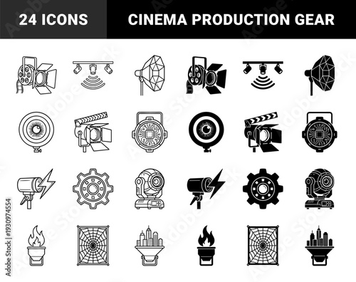 Cinematography and stage lighting equipment featuring hybrid conceptual designs merging studio lamps with film reels clapboards and geometric circuit patterns