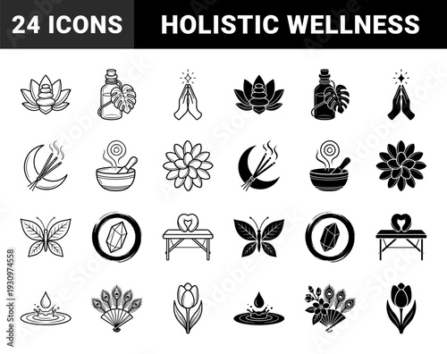 Wellness and holistic therapy symbols featuring hybrid designs of lotus flowers massage tables incense and spiritual meditation elements in dual line and solid styles