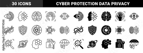 Biometric security and digital identity symbols merging human anatomy with data encryption and cyber protection elements in outline and solid styles