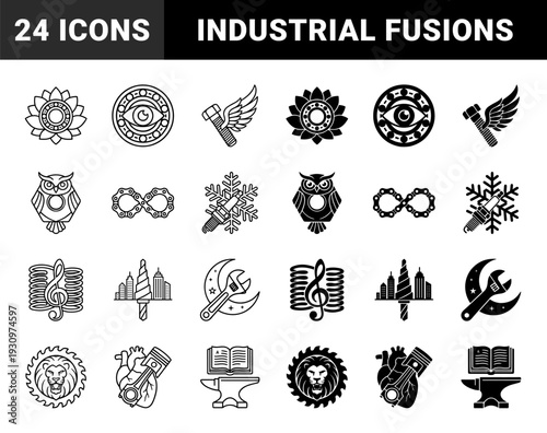 Symmetrical hybrid mechanical and organic symbols featuring dual outline and solid versions of gear mandalas heart pistons and tool celestial fusions