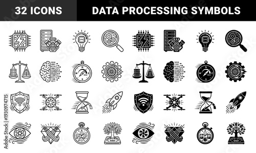 Hybrid hardware performance icons merging computer components with industrial engine parts and mechanical gear symbols in outline and glyph styles
