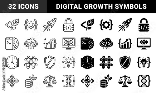 Hybrid coding and biotechnology symbols featuring organic leaf integration with programming brackets and geometric technical data structures in dual styles