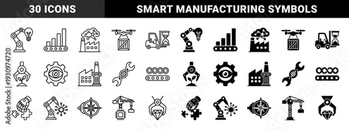 Hybrid industrial automation icons featuring conceptual mergers of robotic arms with lightbulbs, manufacturing belts with growth charts, and DNA strands with wrenches