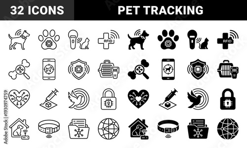 Pet microchip and animal identification tracking symbols featuring hybrid designs of domestic pets with electronic circuits and rfid scanning technology