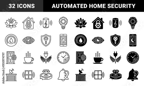 Hybrid smart home automation icons featuring integrated symbols like security cameras in lotus flowers and biometric locks on house silhouettes
