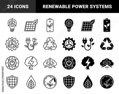 Sustainable energy hybrid symbols combining nature elements with renewable technology featuring wind turbines solar panels and organic leaves in dual styles