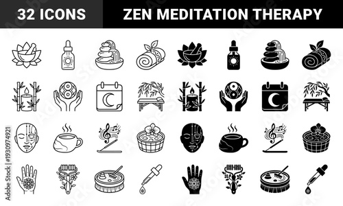 Wellness and Holistic Therapy Hybrid Symbols Featuring Dual Outline and Solid Styles for Meditation Aromatherapy and Traditional Healing Arts
