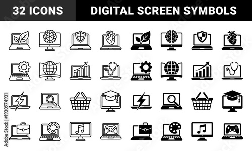 Black and white hybrid symbols merging electronic device screens with diverse industry metaphors like healthcare education nature and finance