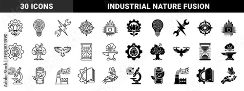 Abstract Hybrid Symbols Merging Industrial Engineering with Organic Nature and Digital Data Concepts in Dual Outline and Solid Minimalist Styles