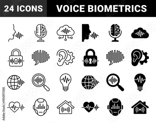 Biometric Voice Recognition and Audio Technology Hybrid Icons Featuring Sound Waves Integrated with Human Anatomy Digital Security and Smart Home Systems