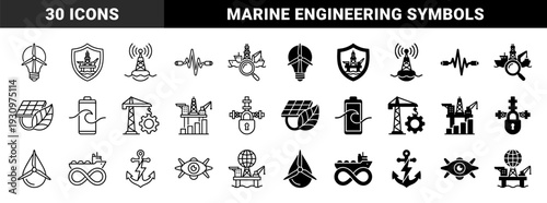Sustainable offshore energy and marine engineering symbols featuring hybrid designs of wind turbines solar panels and oil rigs for renewable power