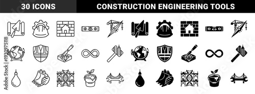 Construction and Engineering Hybrid Symbols Merging Architectural Tools with Industrial Elements featuring Dual Outline and Solid Minimalist Style