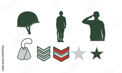 Military symbols including a helmet saluting soldier and dog tags