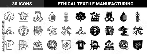 Sustainable textile manufacturing and eco friendly fashion production icons featuring hybrid concepts of organic cotton wind power and circular clothing