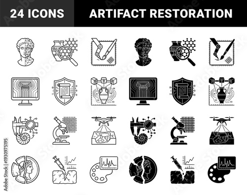 Ancient artifact restoration and archaeological science icons featuring hybrid designs of classical sculpture with digital scanning and laboratory analysis