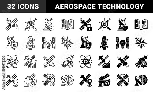 Black and white hybrid satellite icons merging aerospace technology with communication data security finance and astronomical observation symbols