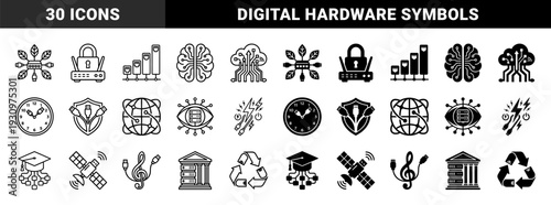 Hybrid network technology symbols merging connectivity hardware with organic and institutional metaphors using bold black and white stroke styles