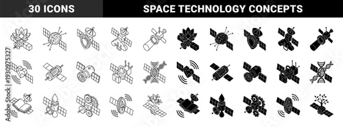 Black and white isometric satellite symbols merged with diverse conceptual metaphors including brain dna lotus leaf heart padlock and organic tree elements