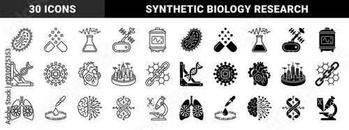 Hybrid Biotechnology and Synthetic Biology Iconography Featuring Genetic Circuits Neural Interfacing Biohacking and Microfluidic Laboratory Research Equipment