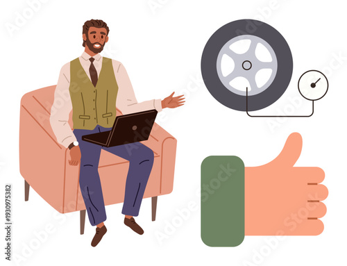 Business productivity, automotive maintenance, customer feedback, remote work, efficiency, professional tools. A man with a laptop, tire pressure illustration thumbs-up gesture. Business