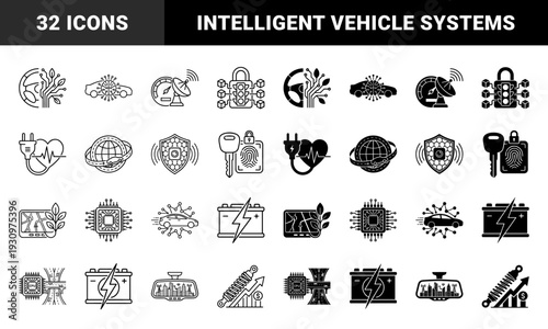 Smart automotive technology hybrid symbols featuring integrated circuit steering wheels electric battery hearts and satellite navigation connectivity systems