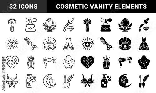 Luxury beauty and vanity hybrid symbols combining cosmetics with organic elements like lotus flowers shells and celestial moons in dual line and solid styles