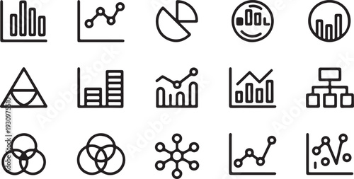 A collection of simple line icons representing various data visualization and business analysis tools