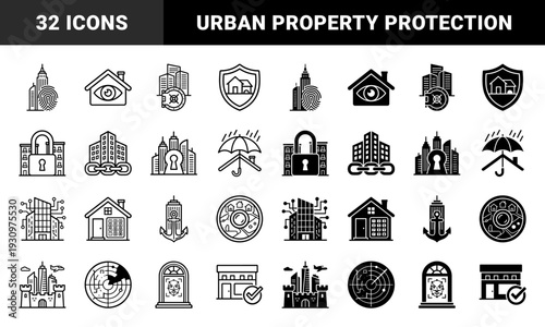 Real estate security and urban protection symbols featuring architectural structures merged with biometrics surveillance hardware and defensive fortification elements