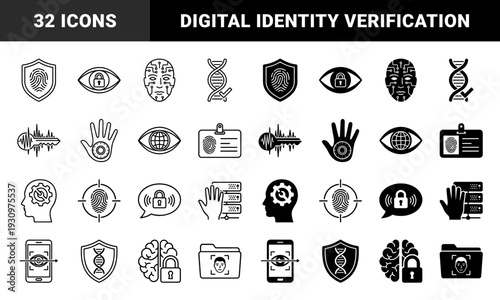 Biometric security and digital identity authentication symbols featuring hybrid fingerprint shields eye scanners DNA verification and neural network recognition
