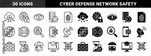 Cyber Security and Data Protection Hybrid Icons Featuring Cloud Shield Brain Lock Fingerprint Document and Encrypted Network Global Communication