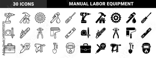 Construction and repair tools combined with symbolic industry metaphors featuring power drill lightning bolt and screwdriver circuit board elements