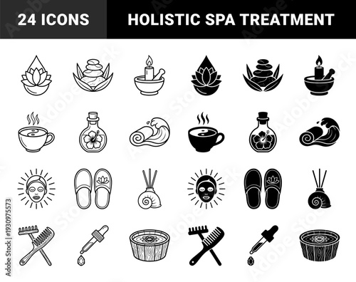 Minimalist Zen Spa and Wellness Wellness Symbols featuring Hybrid Concepts like Yin Yang Tea Cups Lotus Water Drops and Aromatherapy Mortar Candles