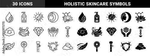 Skincare and Holistic Wellness Icons Featuring Hybrid Designs of Lotus Flowers with Molecules Crystals with Serum and Organic Botanical Elements