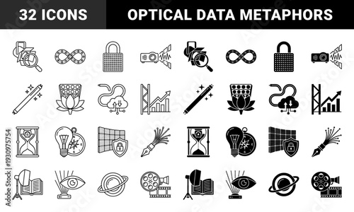 Hybrid conceptual symbols merging optical equipment with abstract data and growth metaphors featuring a dual outline and solid black graphic style