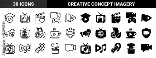 Abstract multimedia hybrid symbol set featuring creative mergers of education video gaming shopping and culinary elements in outline and solid styles