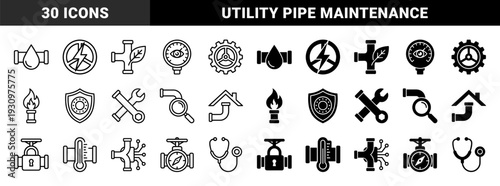 Industrial Piping and Smart Infrastructure Hybrid Icons featuring Utility Valves Sensors Pressure Gauges and Plumbing Maintenance Symbols in Outline and Solid Style