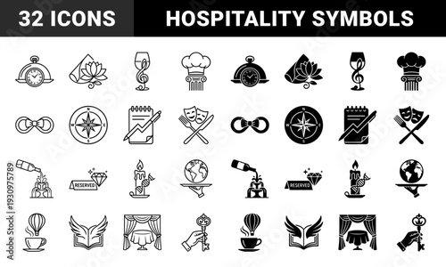 Symmetry and fusion symbols combining restaurant and luxury elements such as a chef hat with a pillar and a clock with a silver platter in linear and solid styles