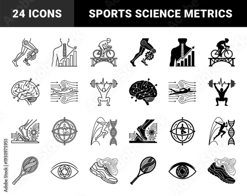 Biomechanical sports performance and athletic optimization symbols featuring human anatomy merged with mechanical gears data charts and scientific elements