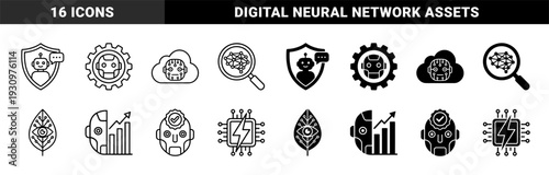 Artificial intelligence hybrid icons featuring robot silhouettes merged with security shields gear wheels neural networks organic leaves and data growth charts
