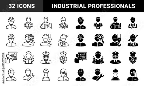 Hybrid professional avatars merging human figures with industrial symbols like gears circuits and tools in both outline and solid styles