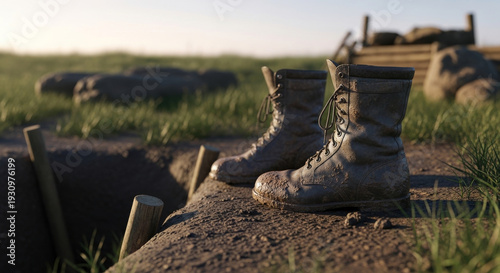 Worn Military Boots Abandoned Near a Trench