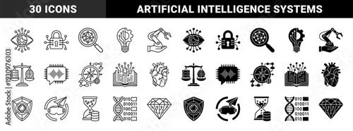 Hybrid cybernetic technology symbols featuring biometric eye scanning artificial intelligence brain balance and robotic automation in outline and solid styles