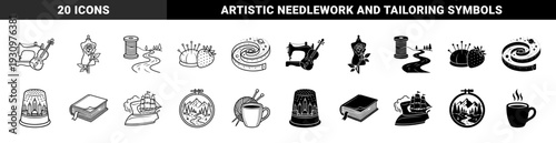 Black and white hybrid sewing icons merging tailoring tools with nature and lifestyle elements including thimble cityscapes and measuring tape galaxies