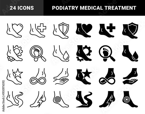 Foot care and podiatry symbols merging human anatomy with medical health and wellness metaphors in a dual line and solid silhouette style
