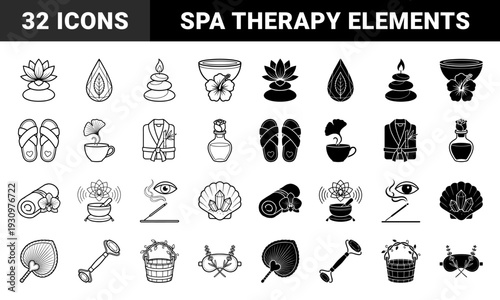 Wellness and holistic spa hybrid symbols featuring lotus zen stones herbal tea ginkgo leaf aromatherapy oil and meditative sound bowl elements