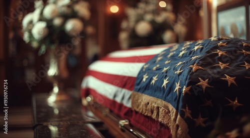 Solemn Tribute: A Flag-Draped Coffin in an Elegant Funeral Setting with Soft Lighting