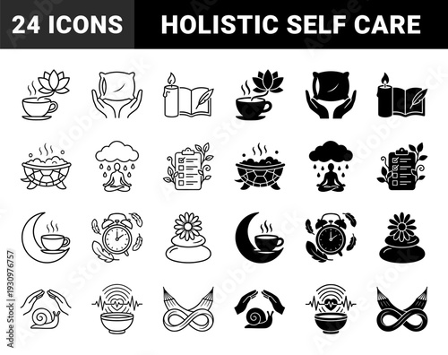 Mindful wellness hybrid symbols merging nature and self care elements featuring lotus tea turtle bath meditation rain and celestial harmony graphics